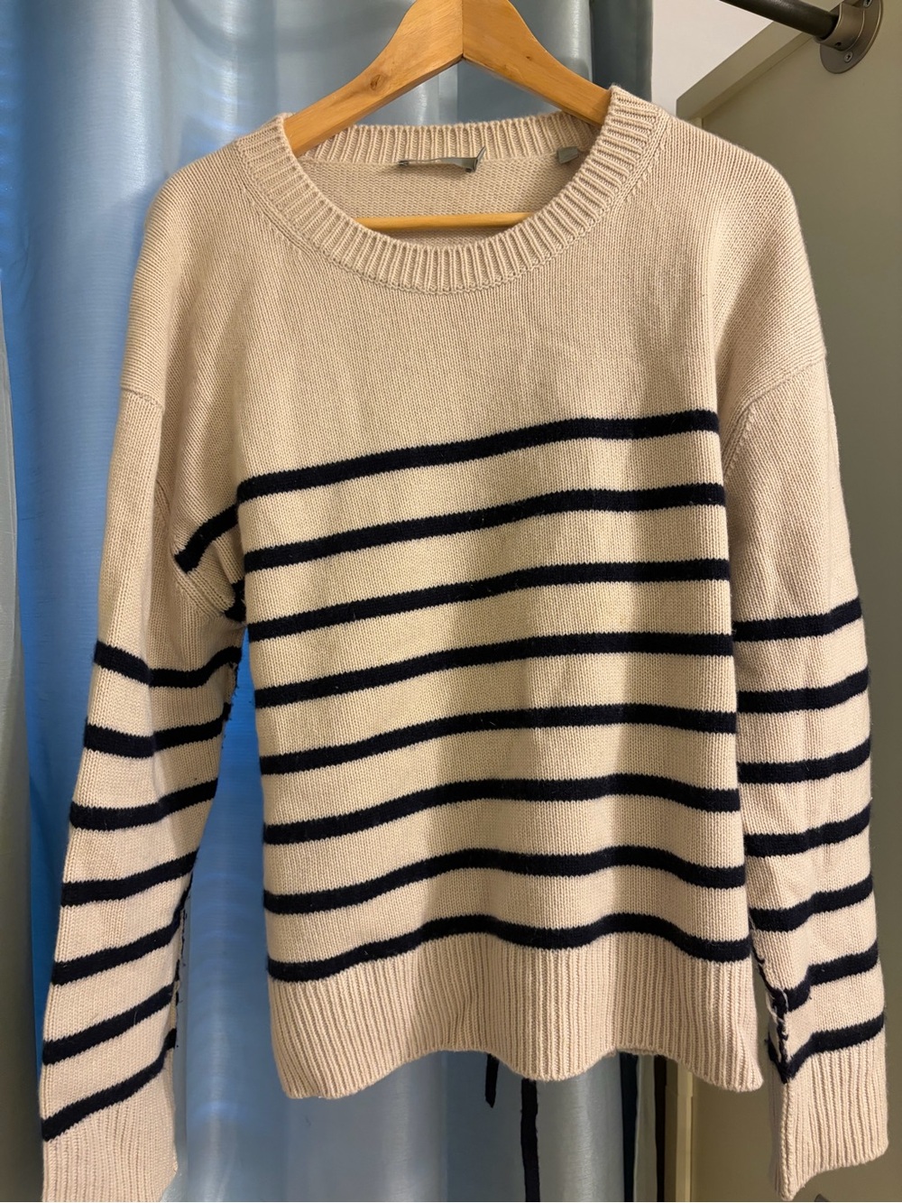 Vince Cashmere Cream and Navy Striped Crewneck Sweater